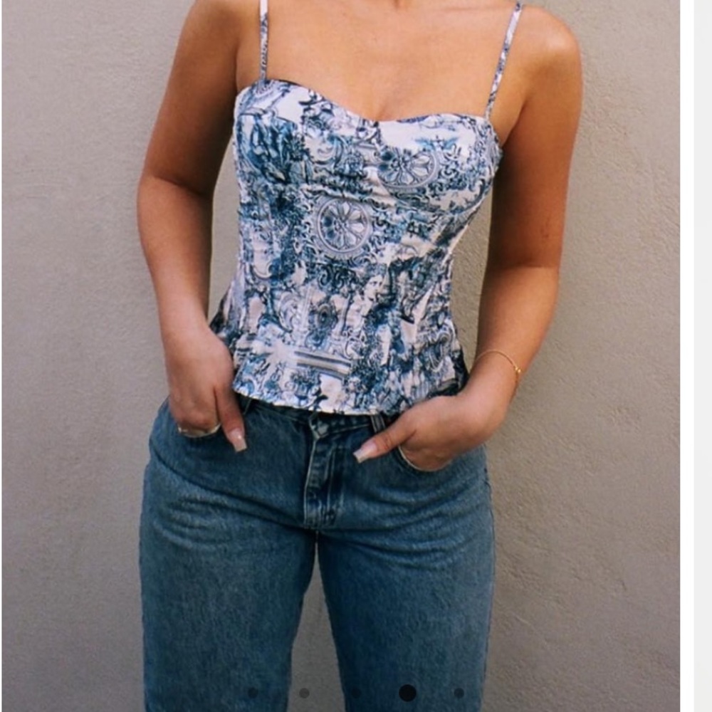 New!Blue Renaissance Print Structured Corset Top